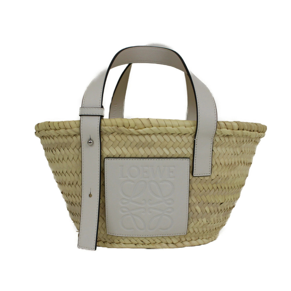 LOEWE Basket Bag Woven Leather Handle Anagram Patch White